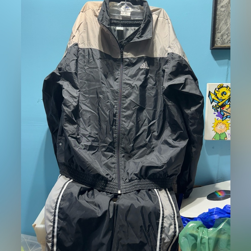 Vintage Adidas men's lined Nylon Track Suit 2 Piece set gray And Black XL